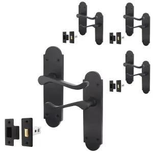 AFIT Matt Black Door Handle Latch Set - Victorian Scroll Shaped - 4 Pairs of Internal Latch Door Handles & Latches 64mm