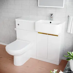 Nes Home Right Hand Basin Vanity Unit With Brushed Brass Handles, WC Unit & Toilet