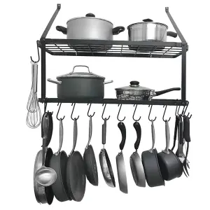 2 Tiers Metal Kitchen Storage Shelves Kitchen Organizer Saucepan Pan Pot Rack with 10 Hooks Wall Mounted