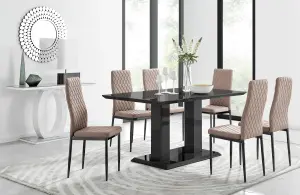 Imperia Black High Gloss 6 Seater Dining Table with Structural 2 Plinth Column Legs 6 Beige Faux Leather Black Leg Milan Chairs