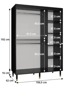 Bergen Contemporary 2 Sliding Door Wardrobe Gold Handles Marble Effect 5 Shelves 2 Rails Black (H)2080mm (W)1500mm (D)620mm