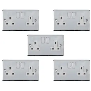 5 PACK 2 Gang Double UK Plug Socket POLISHED CHROME 13A Switched White Trim