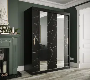 Elegant Black Geneva Sliding Door Wardrobe W1500mm H2000mm D620mm - Mirrored Doors, Gold Handles, Space-Saving Storage