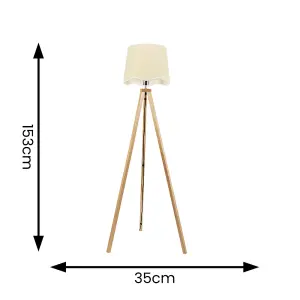 ValueLights Barbro Light Wood Tripod Floor Lamp with Natural Linen Scallop White Edge Shade and LED Bulb