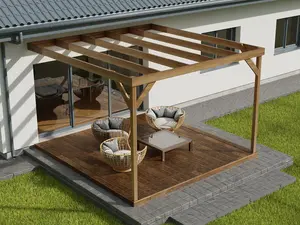 Wall-mounted box pergola and decking, complete DIY kit (4.2m x 4.2m, Rustic brown finish)