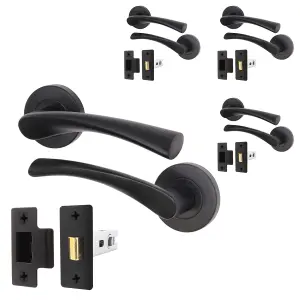 AFIT Matt Black Door Handle Latch Set - Pack of 4 Round Internal Door Handles & Latch (64mm) Lever on Rose Novi Range