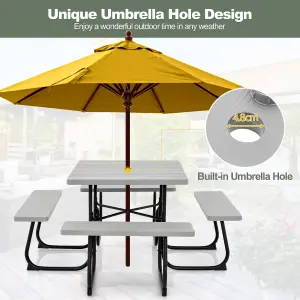 Costway 8 person Square Picnic Table Bench Set Outdoor Circular Table W/ 4 Benches & Umbrella Hole, Grey