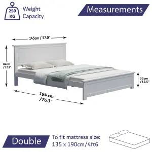 Wooden Double Bed With Mattress 4ft6 Solid White Bed For Adults Kids Teenagers - Hybrid Mattress