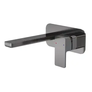 Square Wall Mount 2 Tap Hole Basin Mixer Tap & Back Plate - Brushed Pewter