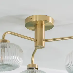 ValueLights Amaia 3 Way Ceiling Light Ribbed Glass Shade IP44 Bathroom - Gold - Bulbs Included