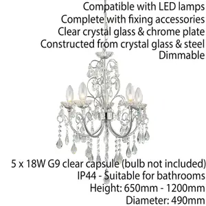 Bathroom Ceiling Pendant Light Chrome & Crystal IP44 5 Bulb Hanging Lamp Rose