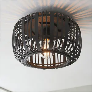 Semi Flush Low Ceiling Light - Dark Bamboo & Matt Black - 10W Max LED E27