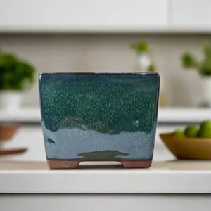 13cm Glazed Cascade Bonsai Pot - Square - 13cm x 13cm x 10cm - Green