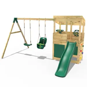 Rebo Wooden Lookout Tower Playhouse Climbing Frame with 6ft Slide & Swings - Zion