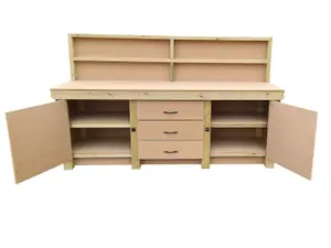 Wooden work bench with drawers and double lockable cupboard (V.8) (H-90cm, D-70cm, L-240cm) with back panel and double shelf