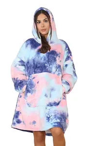 MS9 Women's Oversized Hoodie Wearable Blanket Hoodie Top With Sherpa Lining Pink and Blue