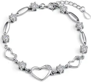 Trendy Sterling Silver Bracelet For Women With Heart Shaped Charm & Stones