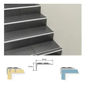 Stair Nosing Edge Trim - Cezar Anti Slip Edging Strip for Stair -Silver with Black Rubber 1m