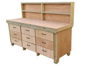 Wooden Eucalyptus hardwood top workbench, tool cabinet with drawers (V.2) (H-90cm, D-70cm, L-210cm) with back