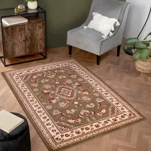 Green Traditional Easy to Clean Floral Bordered Rug For Dining Room-120cm X 170cm