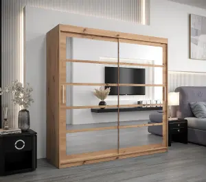 Charming Oak Artisan Sliding Door Wardrobe H2000mm W2000mm D620mm with Mirrored Panels and Silver Handles