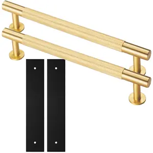 2 PACK - Pull Handle & Contrasting Backplate Set - Knurled Round T Bar - Satin Brass & Black