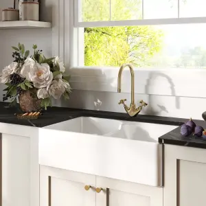 Fireclay Kitchen Bundle - Double Bowl Stepped Weir Butler Sink, Wastes & Mono Crosshead Tap, 795mm - Brushed Brass - Balterley