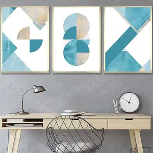 Set of 3 Abstract Aqua Blue Mid Century Geometric Wall Art Prints / 42x59cm (A2) / Gold Frame