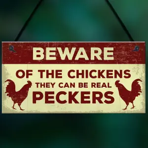 Red Ocean Beware Of The Chickens Sign For Gate Chicken Coop Hen House Funny Chicken Gift