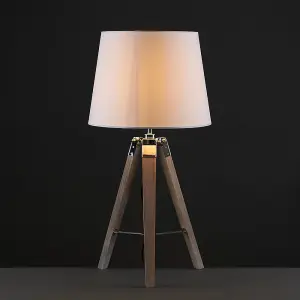 ValueLights Clipper Pair of - Modern Distressed Wood and Silver Chrome Tripod Table Lamps with White Tapered Light Shades