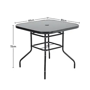 Black Square Tempered Glass Garden Bistro Dinging Table with Umbrella Hole Outdoor 80 cm