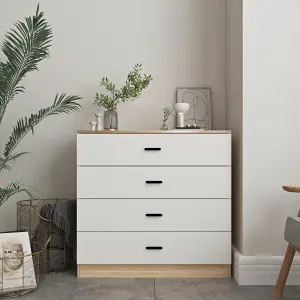 URBNLIVING Height 73cm 4 Drawer Wooden Bedroom Chest Cabinet Modern Oak Carcass and White Drawers Wide Storage Cupboard Closet