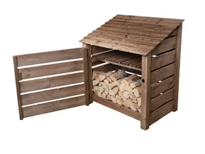 Slatted wooden log store with door and kindling shelf W-119cm, H-126cm, D-88cm - brown finish