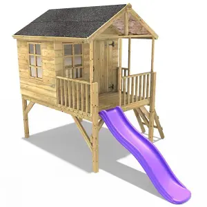 Rebo 5FT x 5FT Childrens Wooden Garden Playhouse on Deck + 6ft Slide - Partridge Purple