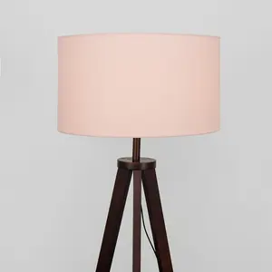 Ismay 149 cm Morrigan Wood Tripod Floor Lamp with Shelf & XL Reni Shade Light Brown / Pink / No