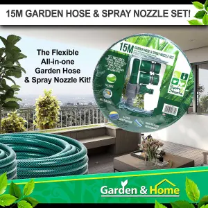 Garden Hose & Spray Nozzles 5 Piece Set 15m Reinforced Pipe Roots & Shoots