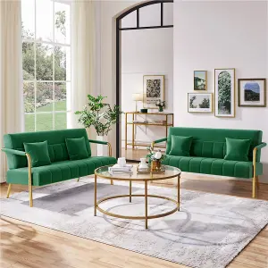 Yaheetech Green Upholstered Sofa Couch with Gold-tone Metal Legs and 2 Pillows