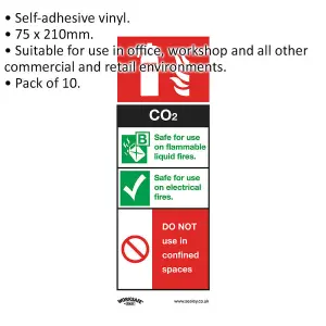 10-Pack Self-Adhesive CO2 Fire Extinguisher Safety Signs - 75x210mm