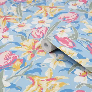 Laura Ashley Tulips Blue Floral Smooth Wallpaper