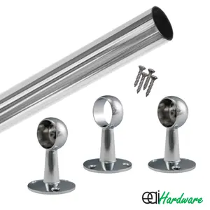 EAI - Hanging Wardobe Rail Kit - 25mm Tube - 1219mm Rail with 2x End Brackets & 1x Centre Brackets - Polished Chrome