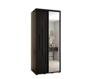 Sleek Black Cannes XIII Mirrored Sliding Wardrobe H2050mm W1100mm D600mm with Custom Black Steel Handles