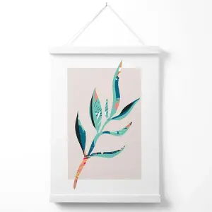 Papyrus Leaf Blue and Pink Boho Botanical Poster with Hanger / 33cm / White