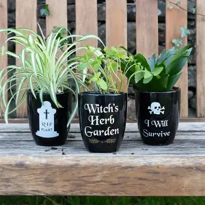 Black Ceramic Indoor Plant Pot with White Text. Gift Idea. (Dia) 12 cm