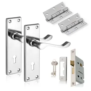 XFORT Polished Chrome Victorian Lever Lock Pack, 6" Door Handle Complete Set.