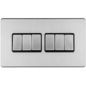 6 Gang Multi Light Switch SCREWLESS SATIN STEEL 2 Way 10A Metal Rocker Slim