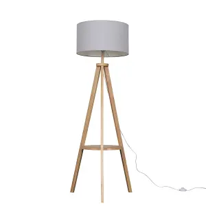 ValueLights Morrigan Light Wood Tripod Design Floor Lamp with Storage Shelf and Grey Drum Shade