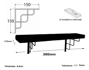 Solid Wood Handmade Rustical Shelf Unprimed 175mm 7 inch with Black Metal Bracket SQUARE Length of 30cm