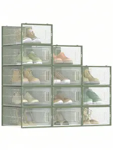 SONGMICS Shoe Boxes, Pack Of 12 Stackable Shoe Storage Organisers,Foldable And Versatile For Sneakers,Transparent And Laurel Green