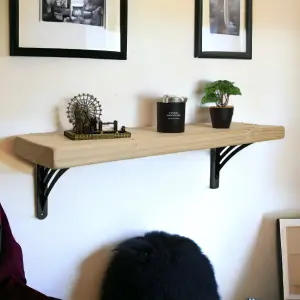 Solid Wood Handmade Rustical Shelf Unprimed 225mm 9 inch with Black Metal Bracket WAT Length of 40cm