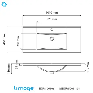 5001 Ceramic 100cm x 45cm Mid-Edge Inset Basin with Scooped Bowl